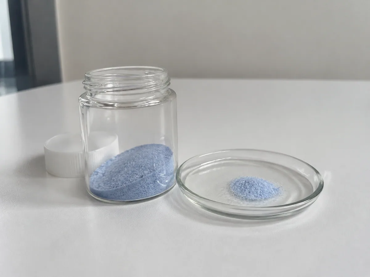 Blue GHK-Cu copper peptide raw material in laboratory glassware