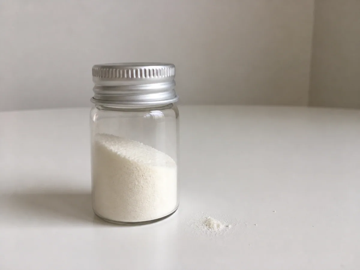 Peptide raw material powder in clear laboratory glassware